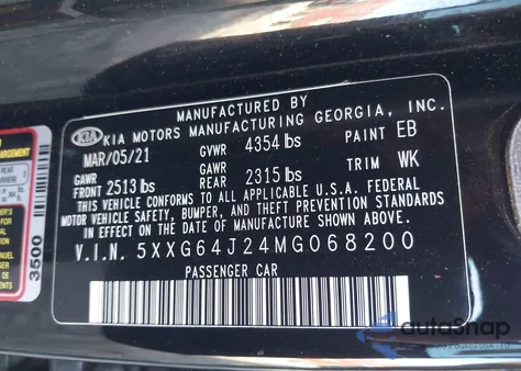 2021 Kia K5 Gt-Line z USA, uszkodzony, nr VIN 5XXG64J24MG068200